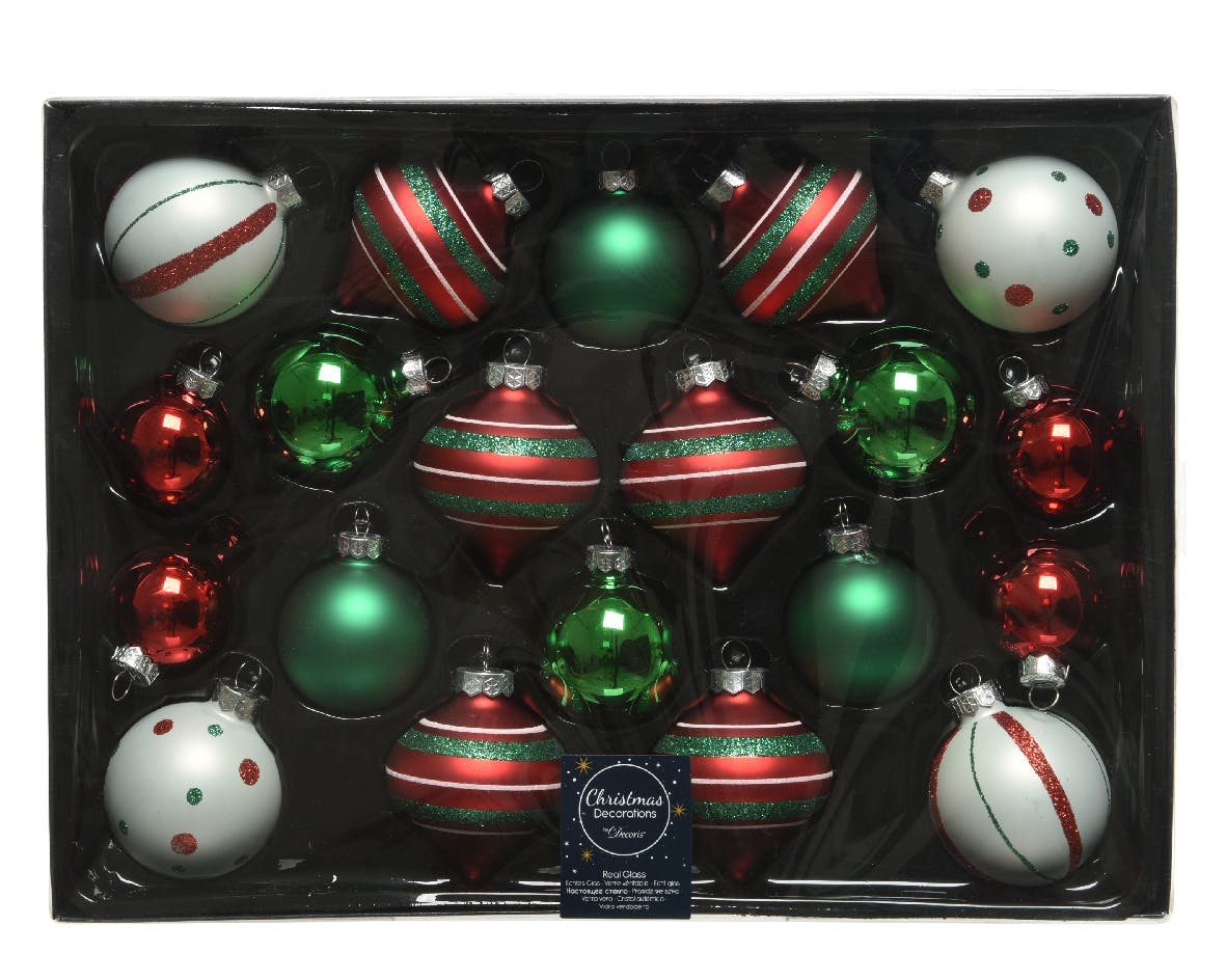 Boite de 20 boules et bulbes de Noël tons verts et rouges  Décorations