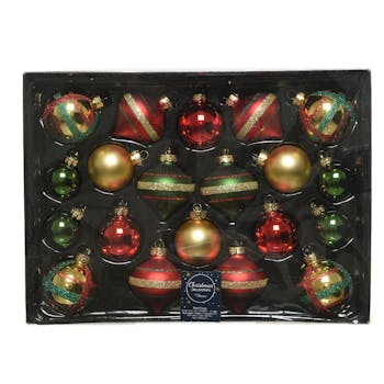 Boite de 20 boules et bulbes de Noël tons verts, rouges et dorés