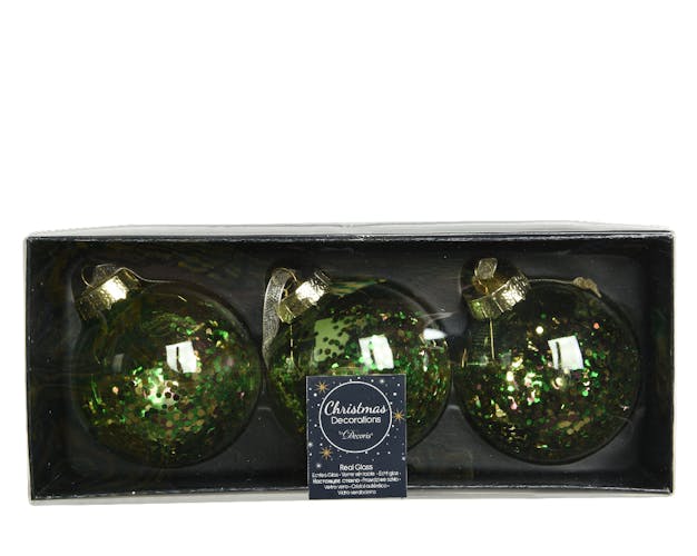 Boules de Noël vertes transparentes à paillettes (boîte de 3 boules en verre)