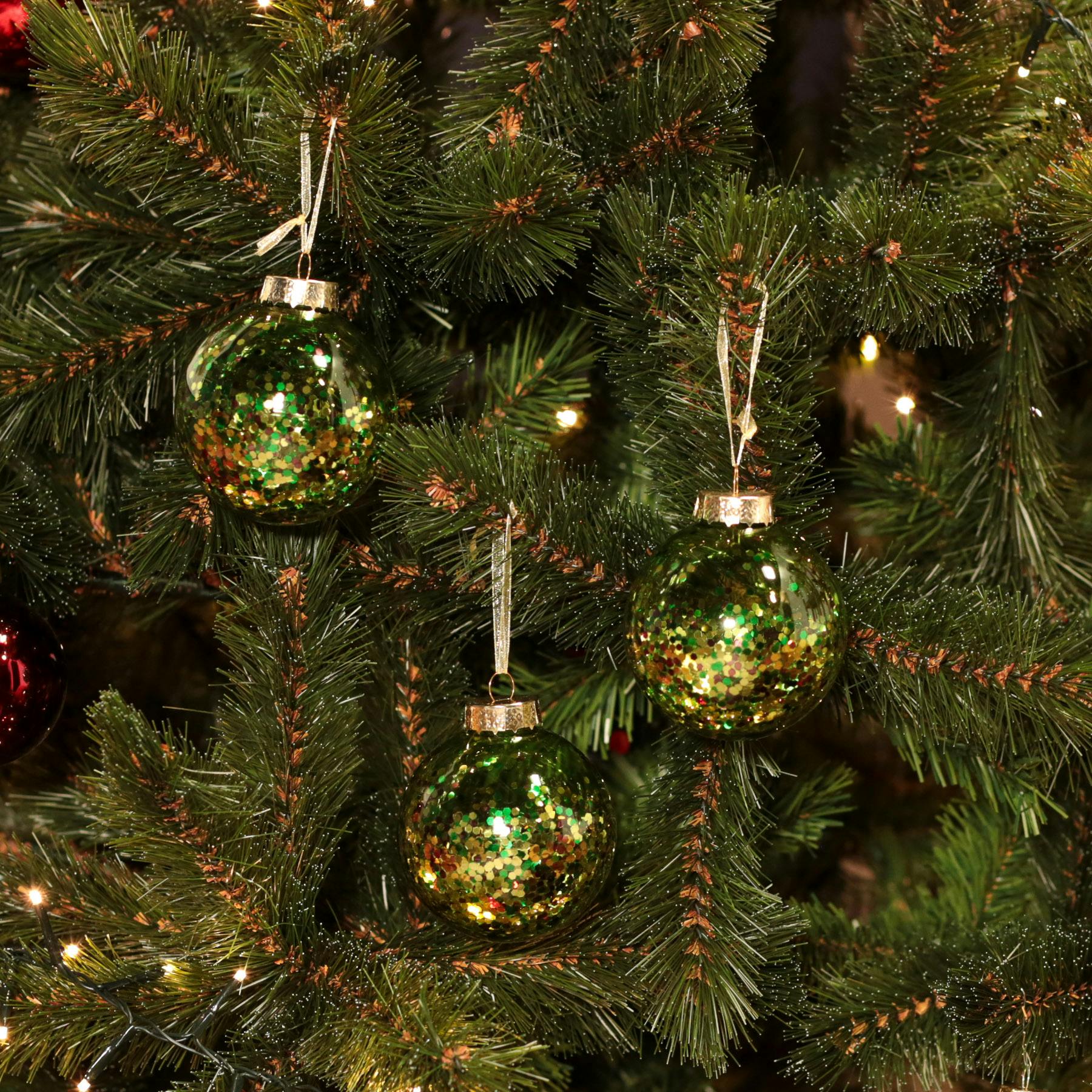 Boules de Noël vertes transparentes à paillettes (boîte de 3 boules en verre)