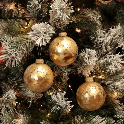 Boules de Noël dorées avec confettis (boîte de 3 boules en verre)