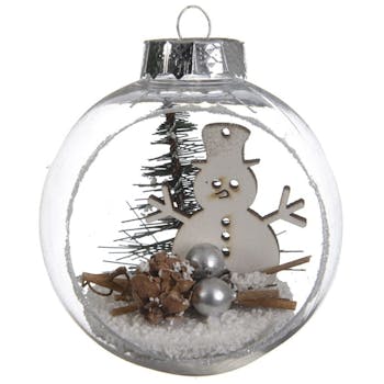 Boite de 3 boules de Noël ouvertes décor bonhomme de neige