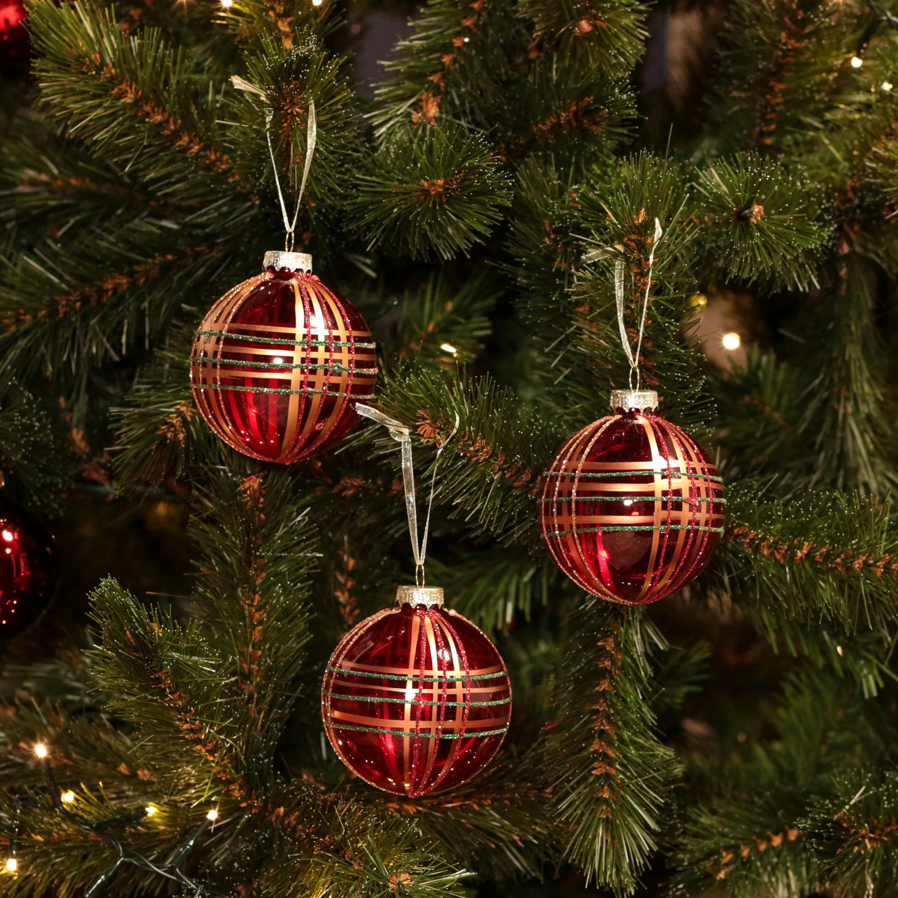 Boules de Noël rouges transparentes à motif (boîte de 3 boules en verre)