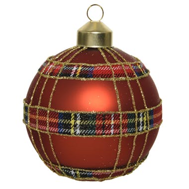 Boules de Noël rouges tissu écossais (boîte de 3 boules en verre)