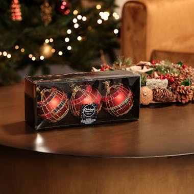 Boules de Noël rouges tissu écossais (boîte de 3 boules en verre)
