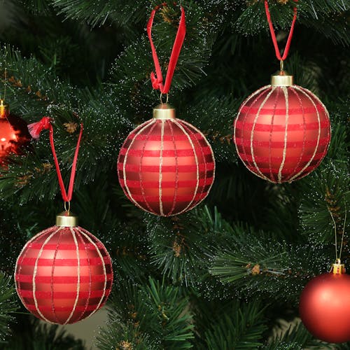 Boules de Noël en verre rouge et or pailletées (boîte de 3)