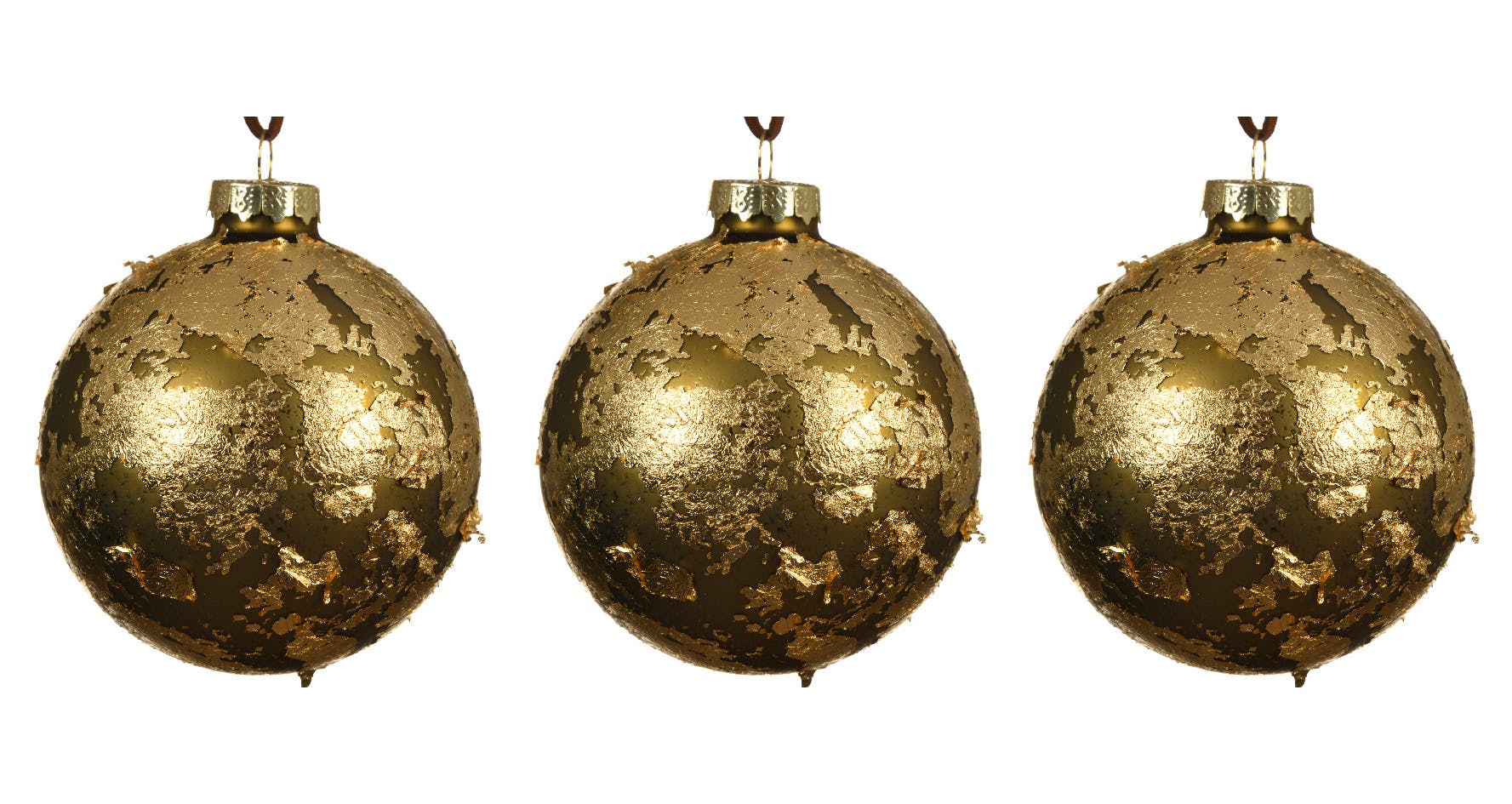 Boite de 3 boules vert feuilles dorées à suspendre