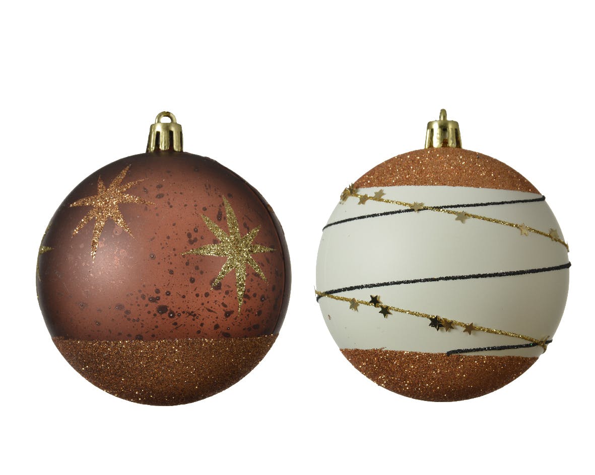 Boules de Noël blanches et marron à paillettes (boîte de 4)