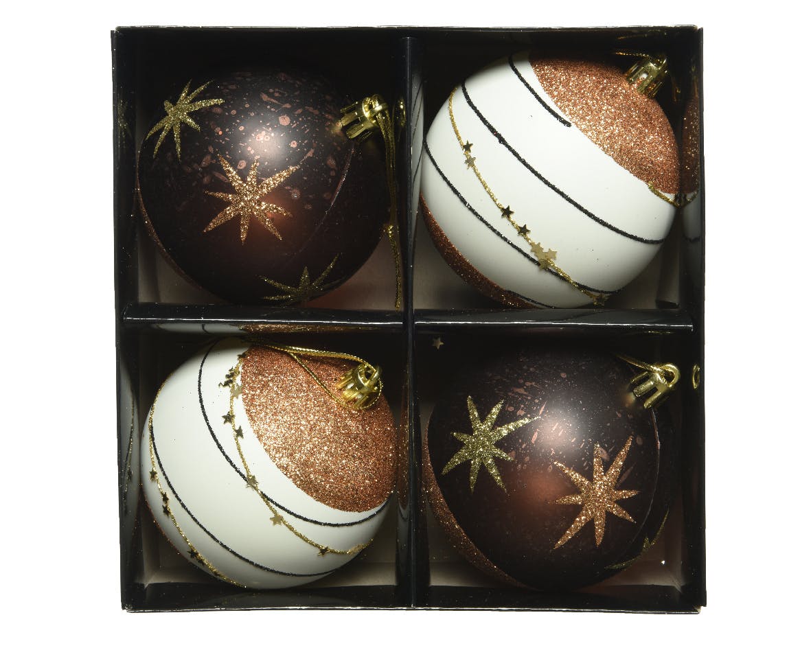 Boules de Noël blanches et marron à paillettes (boîte de 4)