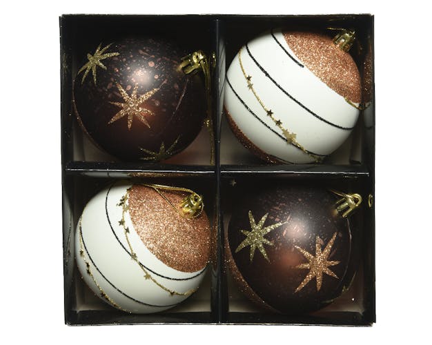 Boules de Noël blanches et marron à paillettes (boîte de 4)
