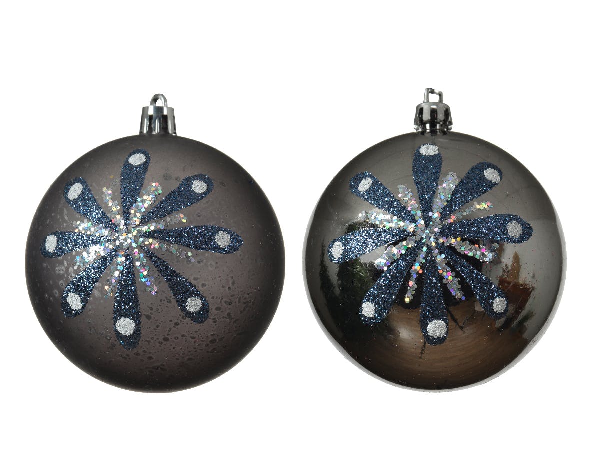 Boite de 4 boules de Noël gris bleuté à paillettes
