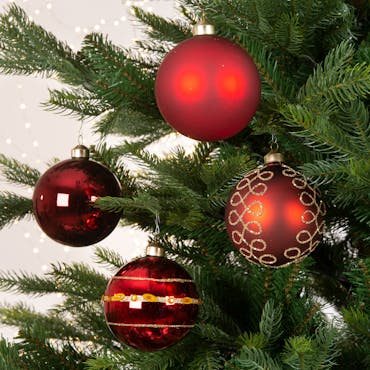 Boules de Noël rouges en verre (boîte de 4 modèles différents)