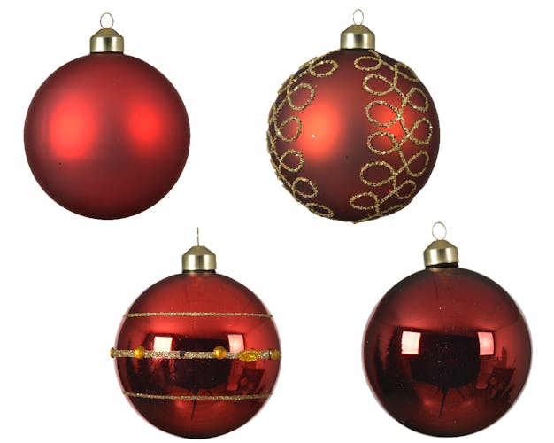 Boules de Noël rouges en verre (boîte de 4 modèles différents)