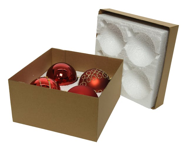 Boules de Noël rouges en verre (boîte de 4 modèles différents)