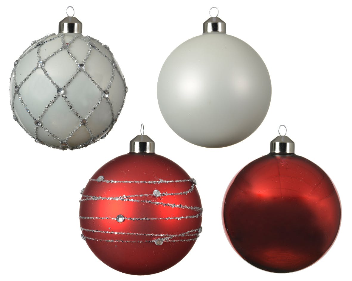 Boules de Noël rouges et blanches en verre (boîte de 4)