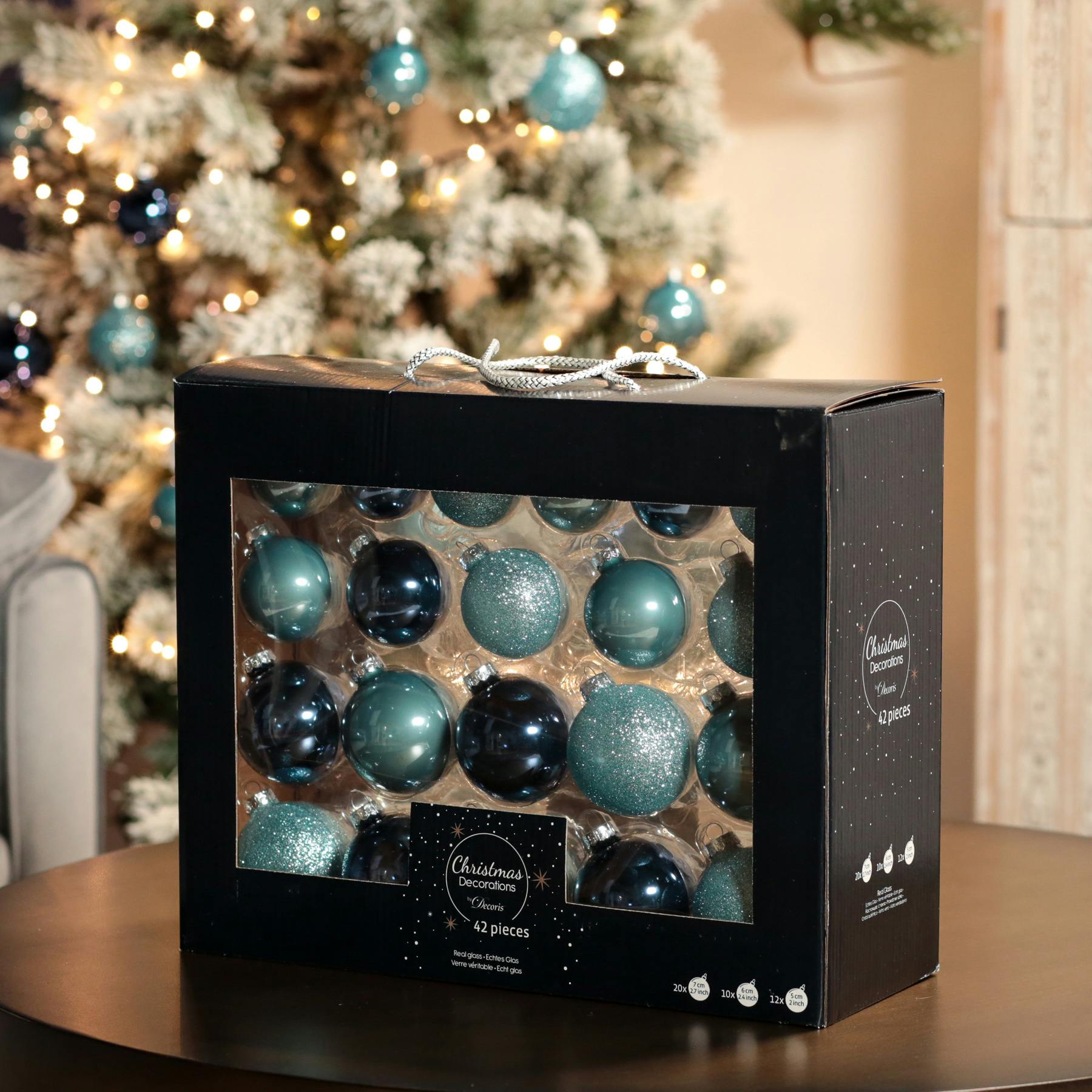 Boules de Noël bleues brillantes et pailletées en verre (assortiment de 42 pièces)