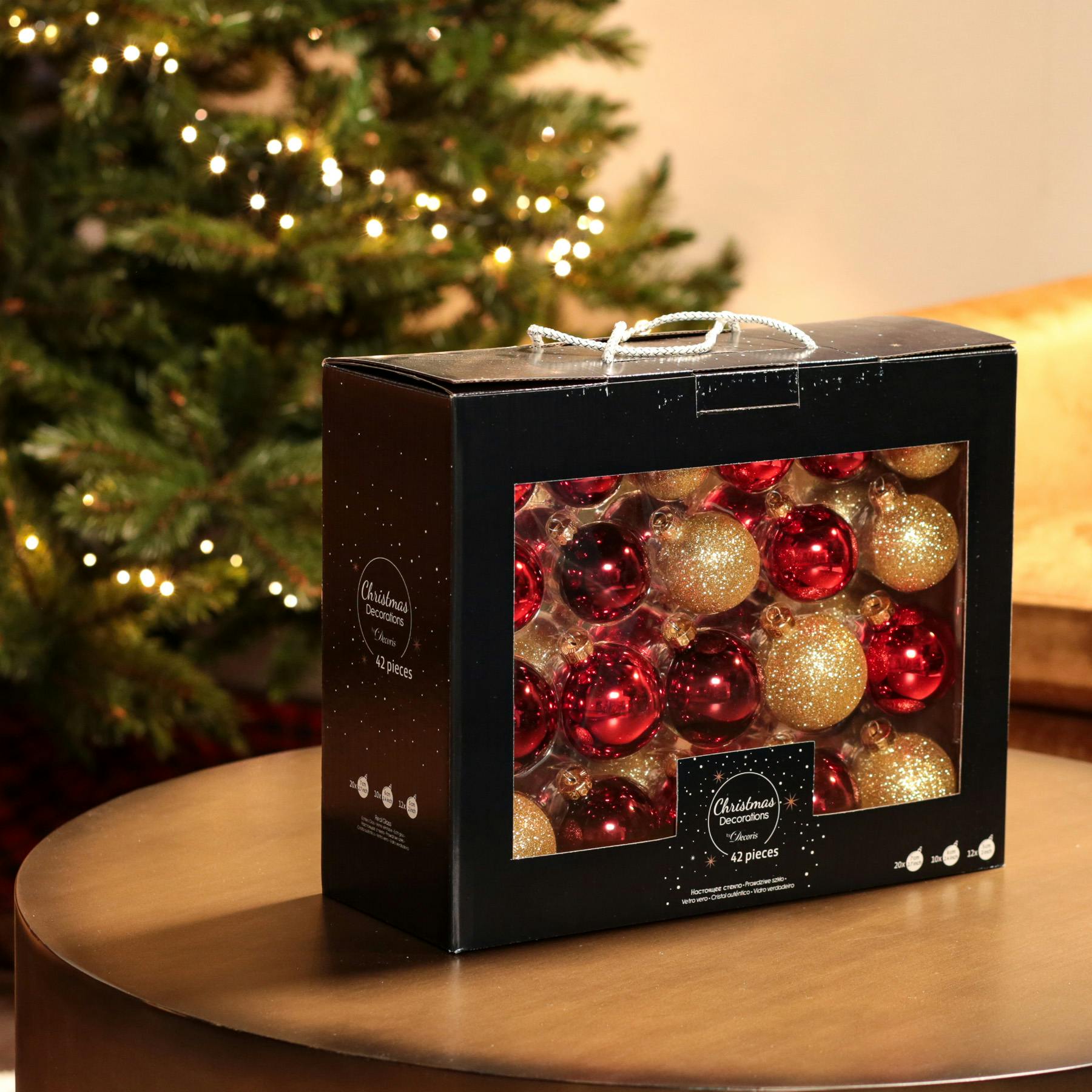 Boules de Noël rouges brillantes et dorées pailletées en verre (assortiment de 42 pièces)