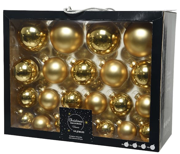 Boules de Noël dorées brillantes et mates en verre (assortiment de 44 pièces)