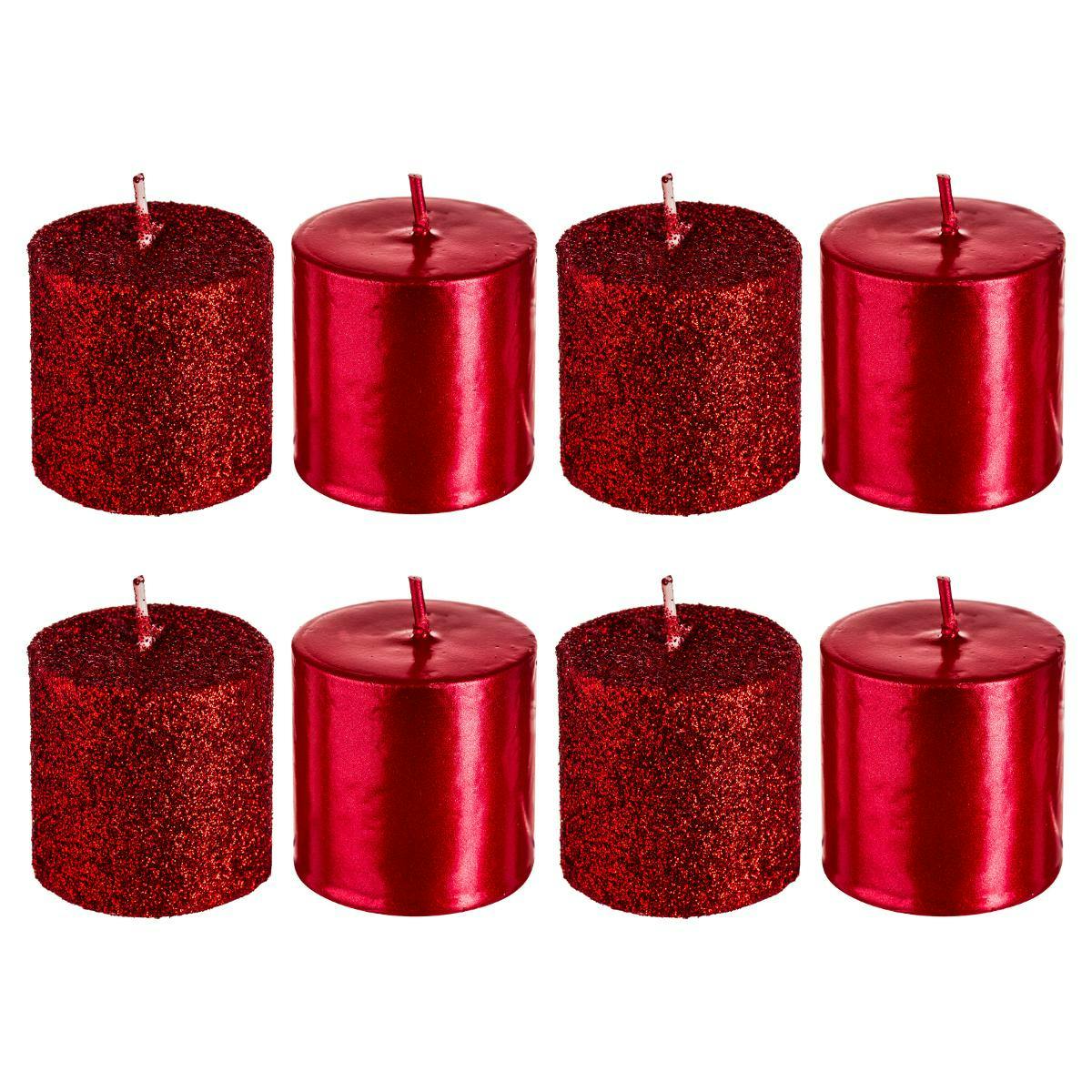 Boite de 8 bougies votives rouges paillettées