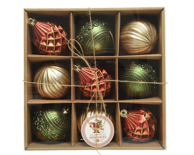 Boules de Noël rouges, vertes et dorées incassables (boîte de 9)