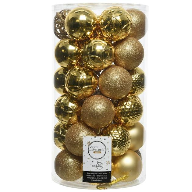 POFET Lot De 24 Boules De Noël Dorées 4 Cm - Décorations Sapin Et Jardin Extérieur, Plastique Incassable Avec Cordelette