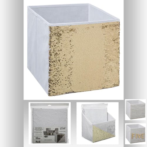 Boite de rangement blanche décor sequins dorés 31x31cm