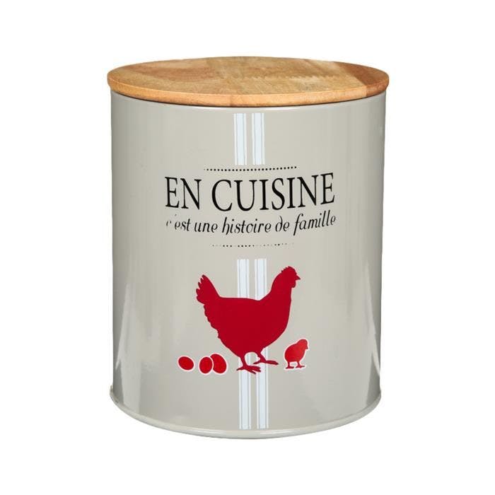 Boite ronde en métal écru et couvercle en bois décor poule rouge 13xH15,5cm