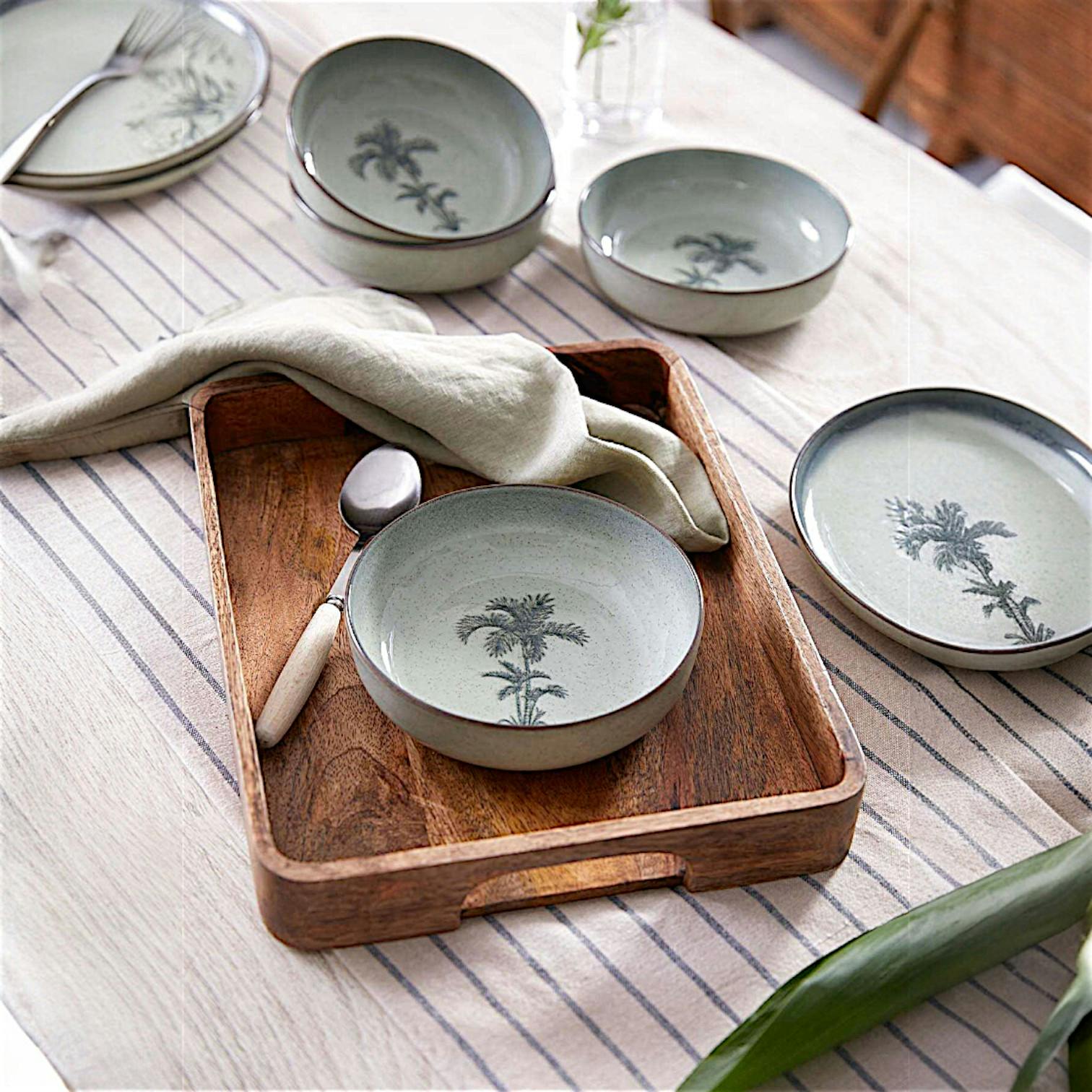 Bol céréales vert motif palmier, porcelaine (lot de 4) ELDA