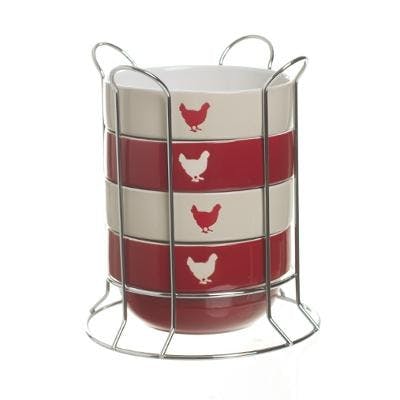 Bols en céramique écru et rouge décor poule avec support en métal chromé
