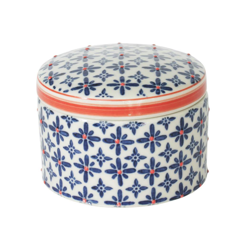 Bonbonnière D.10cm céramique blanc à motifs coloris bleu et orange USHUAIA