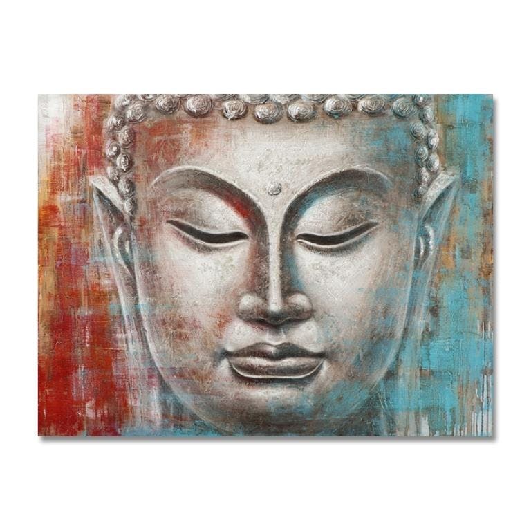 BOUDDHA 120x90 Peinture acrylique rectangle Rouge et Bleu avec feuilles de métal