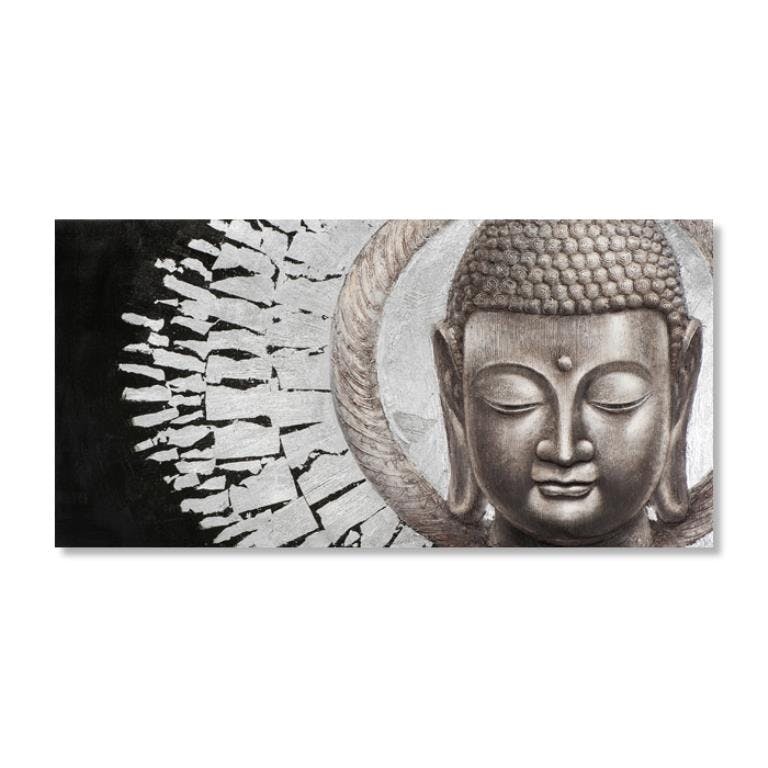 BOUDDHA 140x70 Peinture acrylique rectangle Noir et Argent avec feuilles de métal