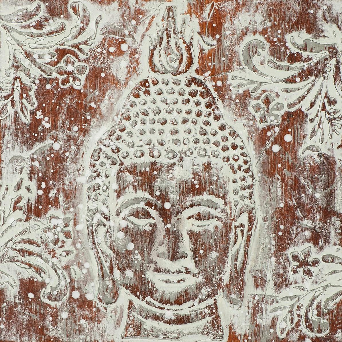 BOUDDHA 40x40 Peinture acrylique carrée Marron et Blanc avec effet 3D