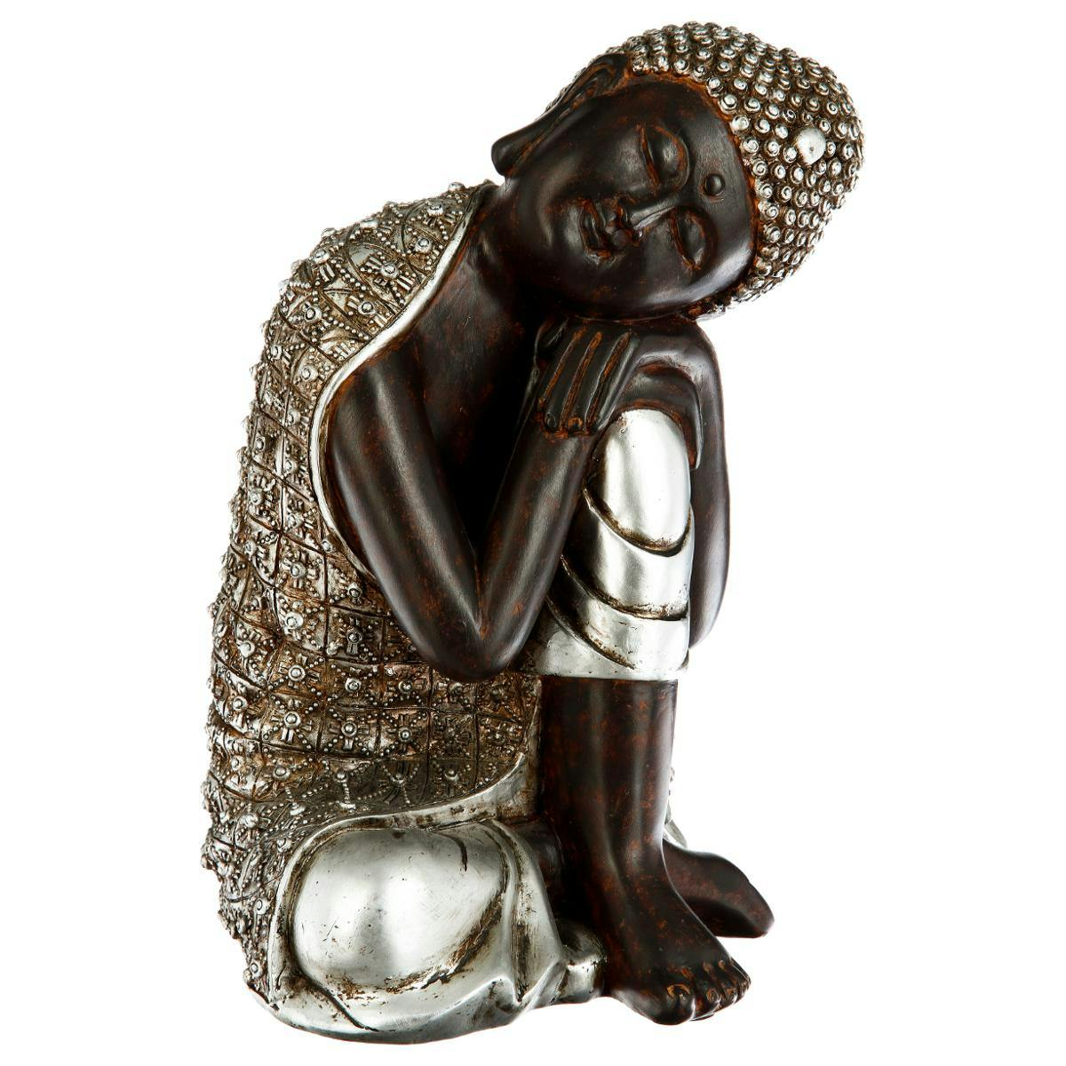 Bouddha argenté assis la tête penchée sur le genou H28cm