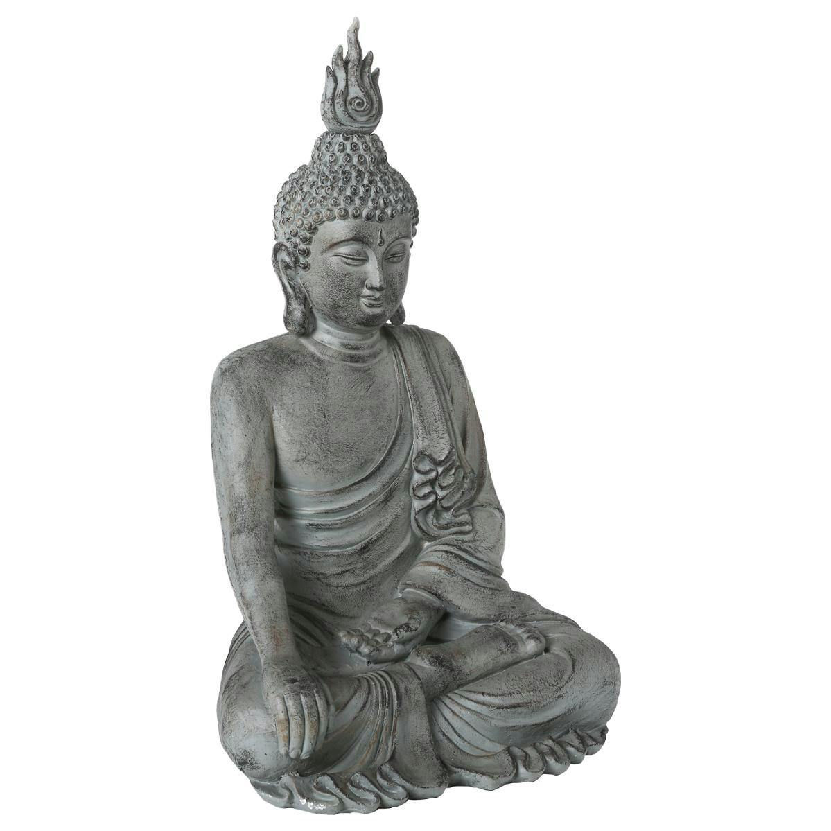 Bouddha assis en méditation en fibre grise effet vieilli 62,5x52xH106cm