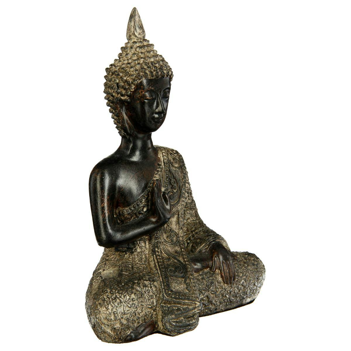 Bouddha assis en méditation la main en l'air en résine noire et dorée 9x15xH13,5cm