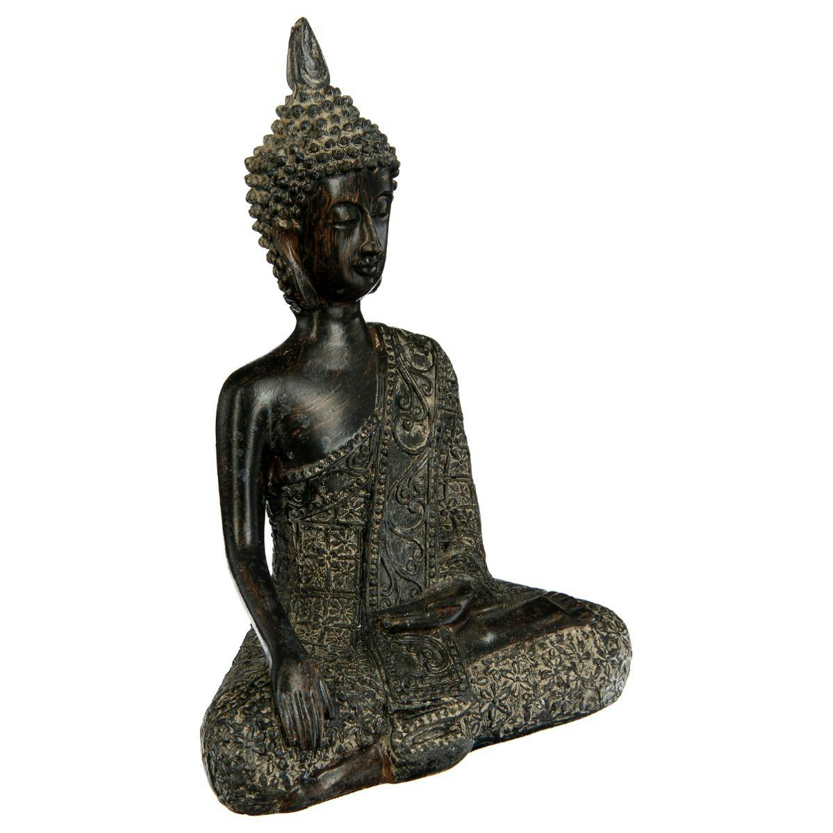 Bouddha assis en méditation la main sur le genou en résine noire et dorée 9x15xH13,5cm