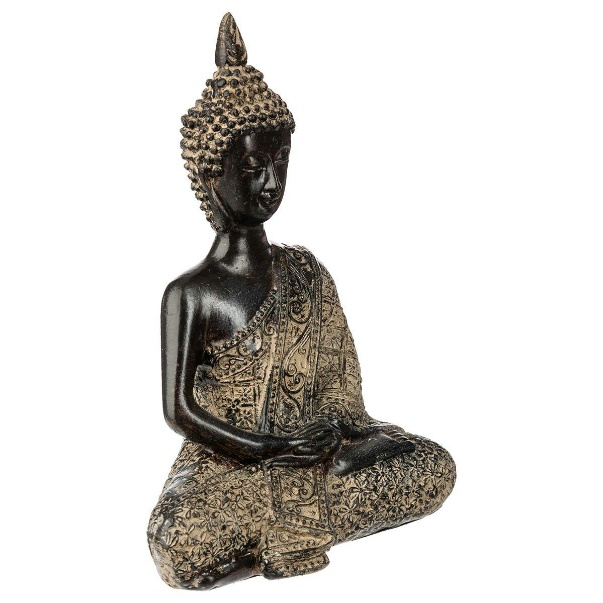 Bouddha assis en méditation les mains jointes en résine noire et dorée 9x15xH13,5cm