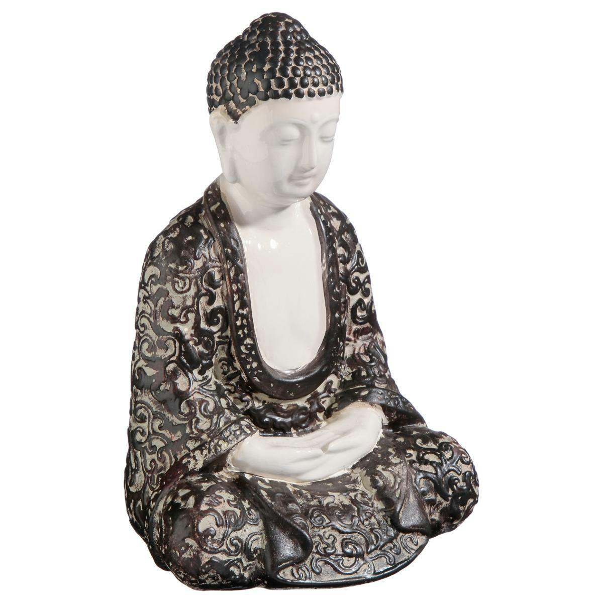Bouddha assis en tailleur en méditation en céramique blanche et habits colorés 14,5x11,2xH20,5cm