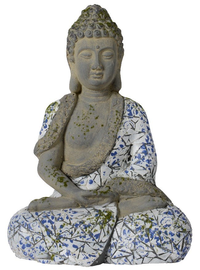 Bouddha assis gris mosaïque blanc bleu H41cm