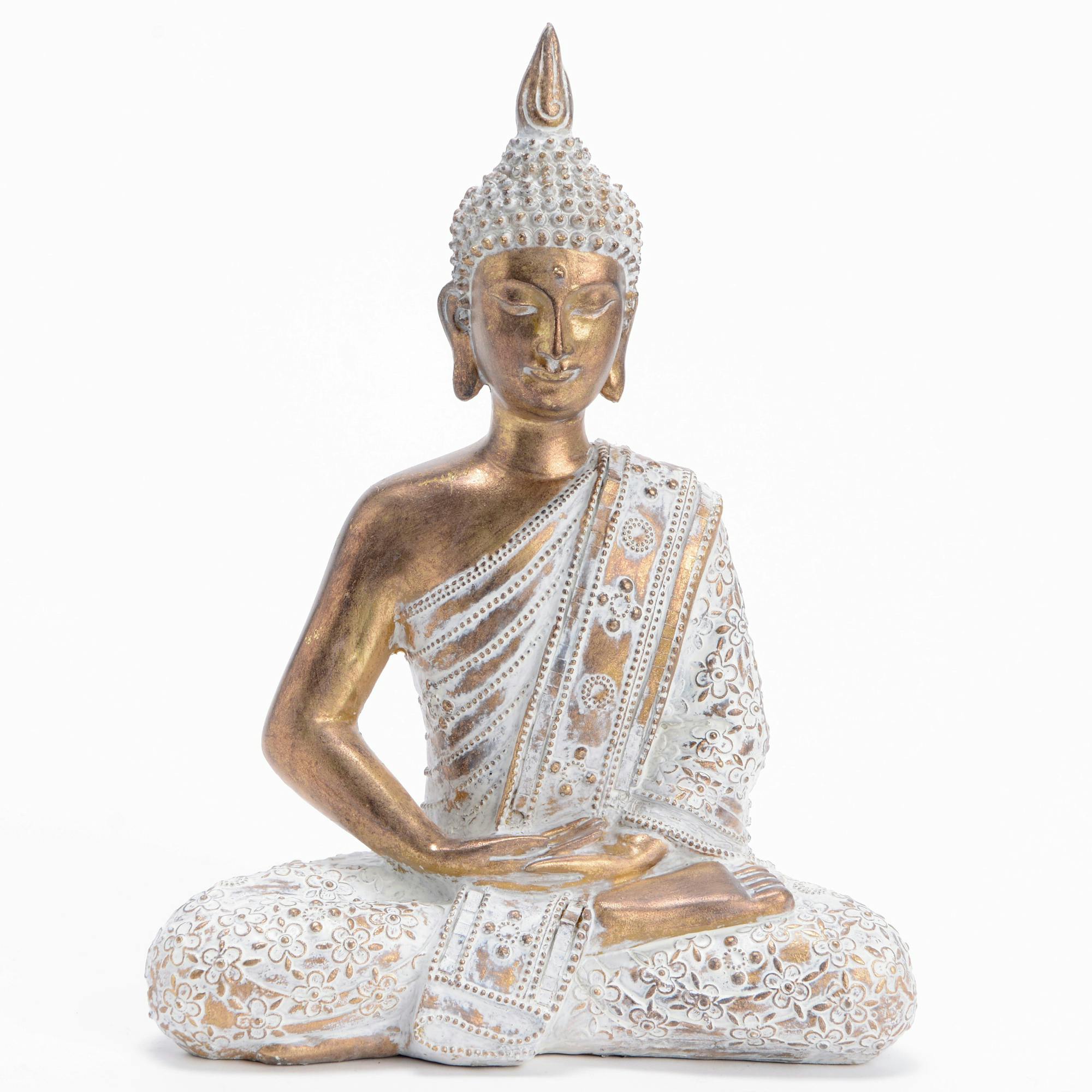 Bouddha méditation doré et blanc vieilli