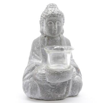 Bouddha photophore en Terre cuite gris blanchi 14x12x20cm