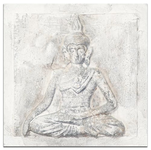 BOUDDHA Tableau Zen relief carré Blanc Acrylique 30x30
