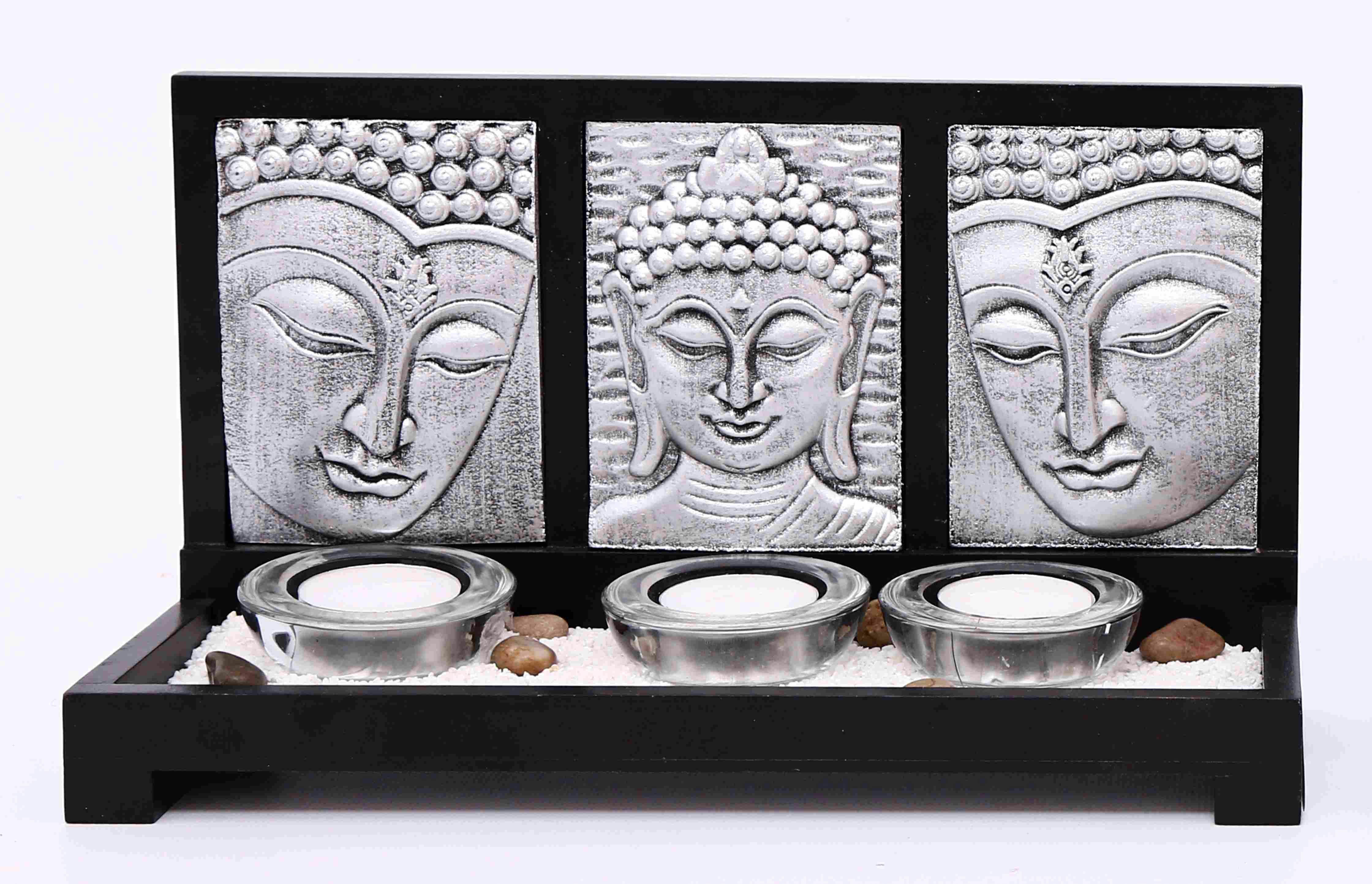 Bougeoir Bouddha argenté 3 porte-bougies