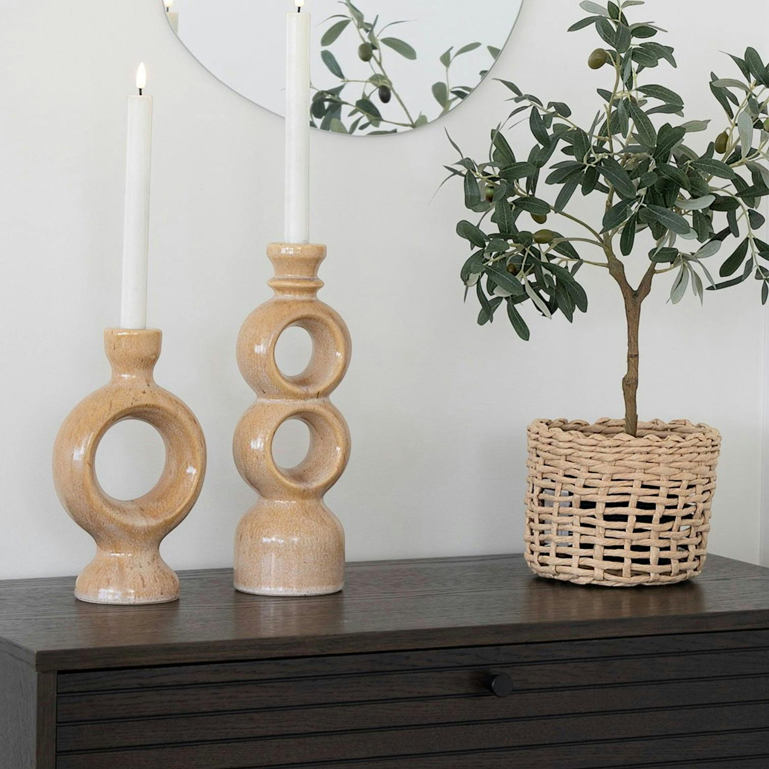 Bougeoir déco en céramique - 2 anneaux, finition beige brun
