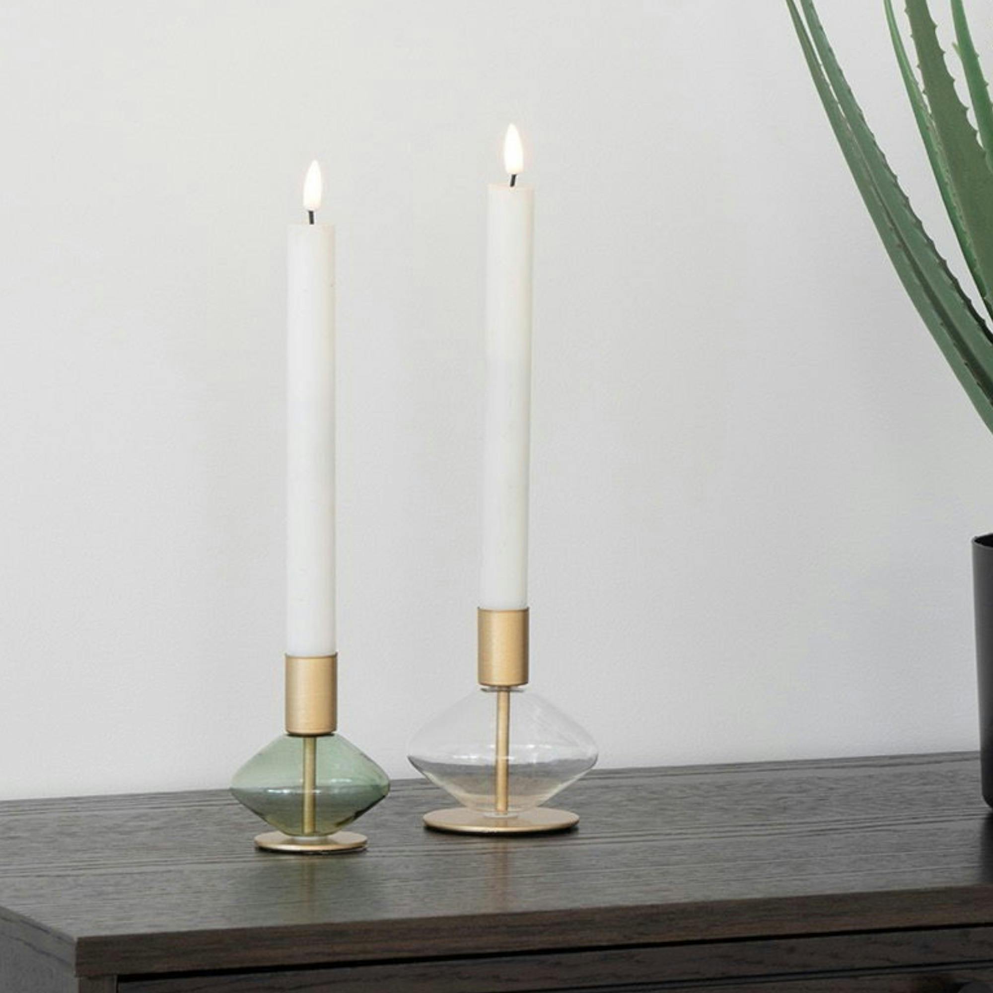 Bougeoir en verre et métal doré (lot de 2) - design arrondi, transparent/vert