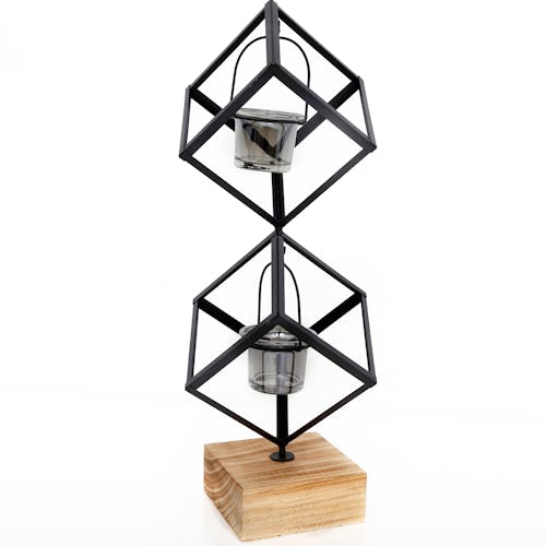 Bougeoir géométrique double cubes sur socle en bois