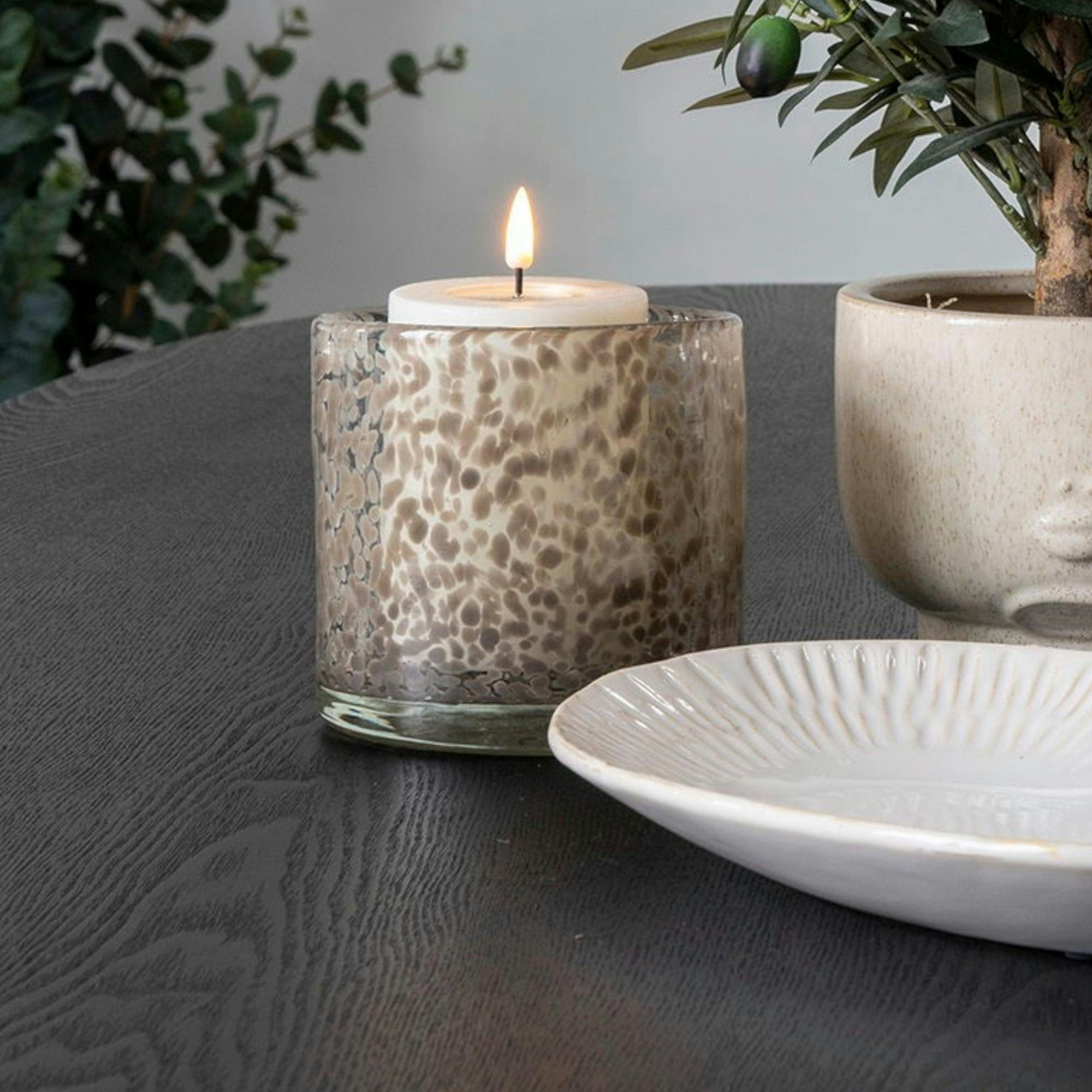 Bougeoir rond en verre moucheté brun