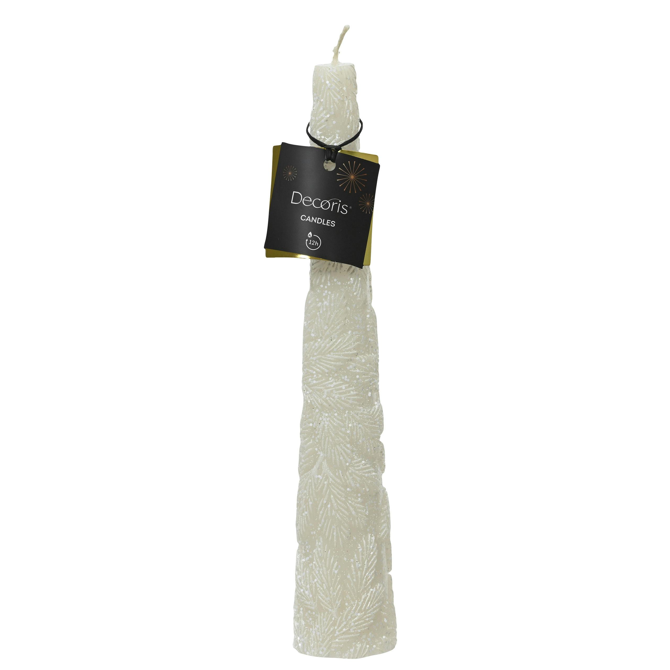 Bougie cone blanc feuilles en relief H25 cm