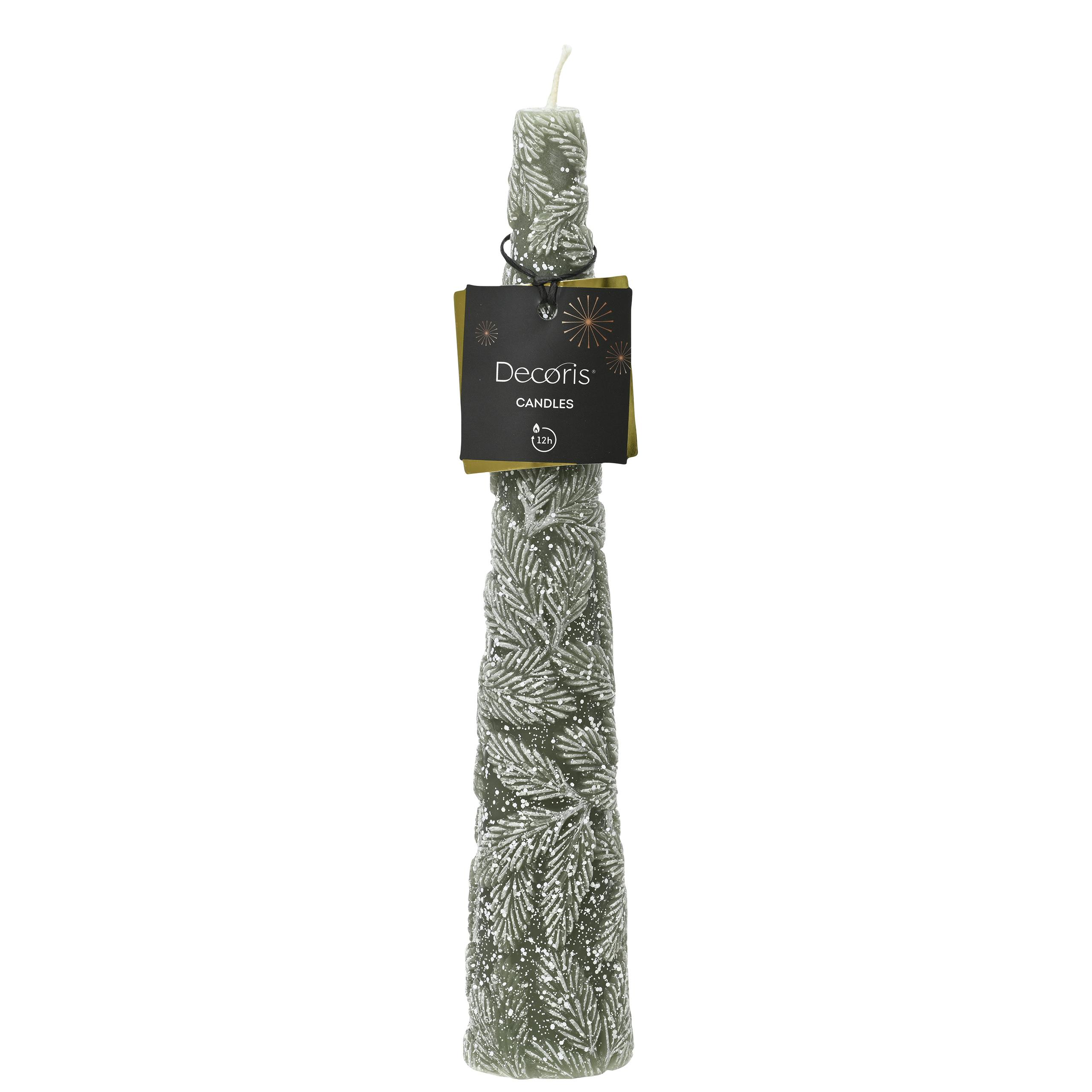 Bougie cone vert feuilles en relief H25 cm